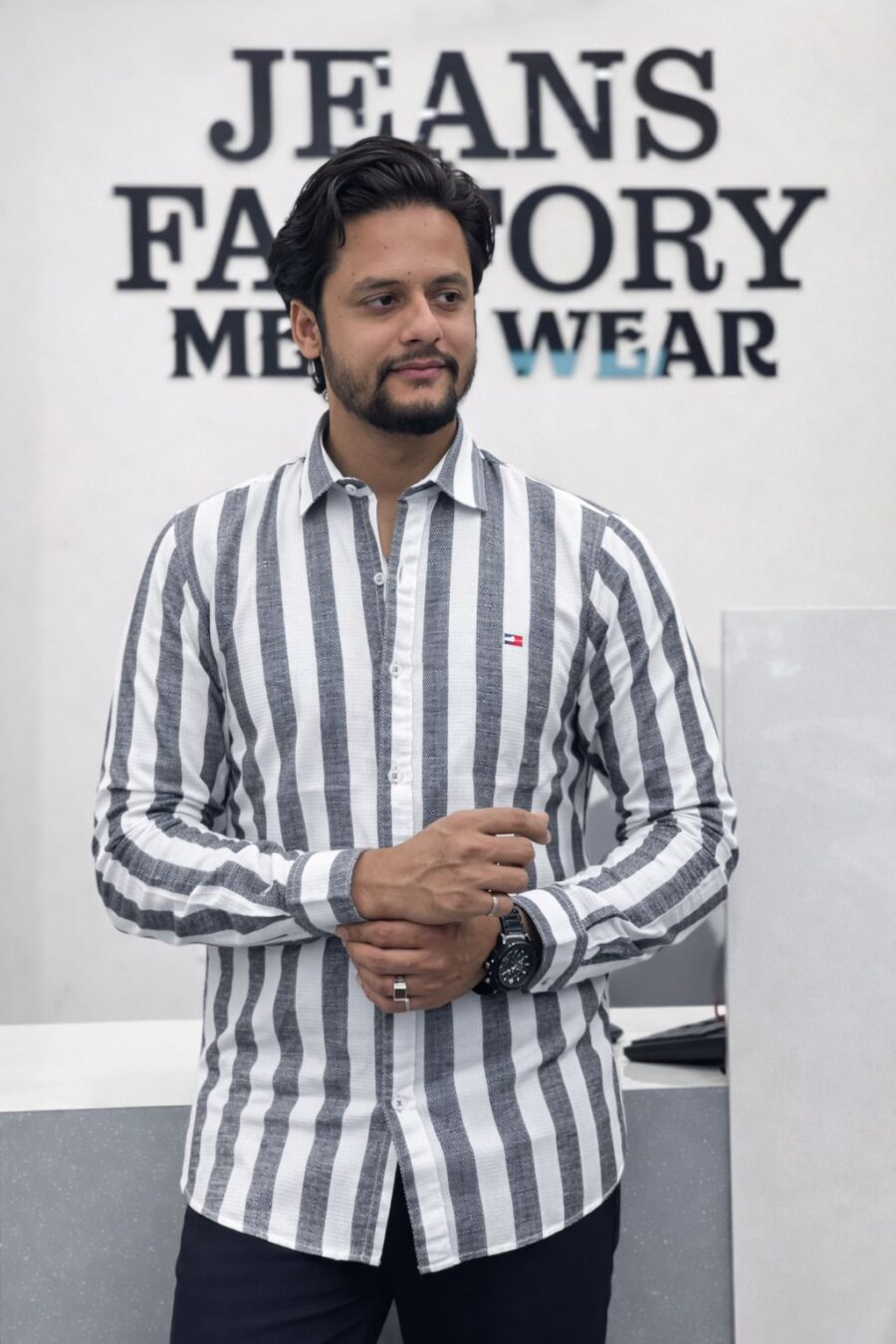 Men's Premium Striped Grey Cotton Shirt.